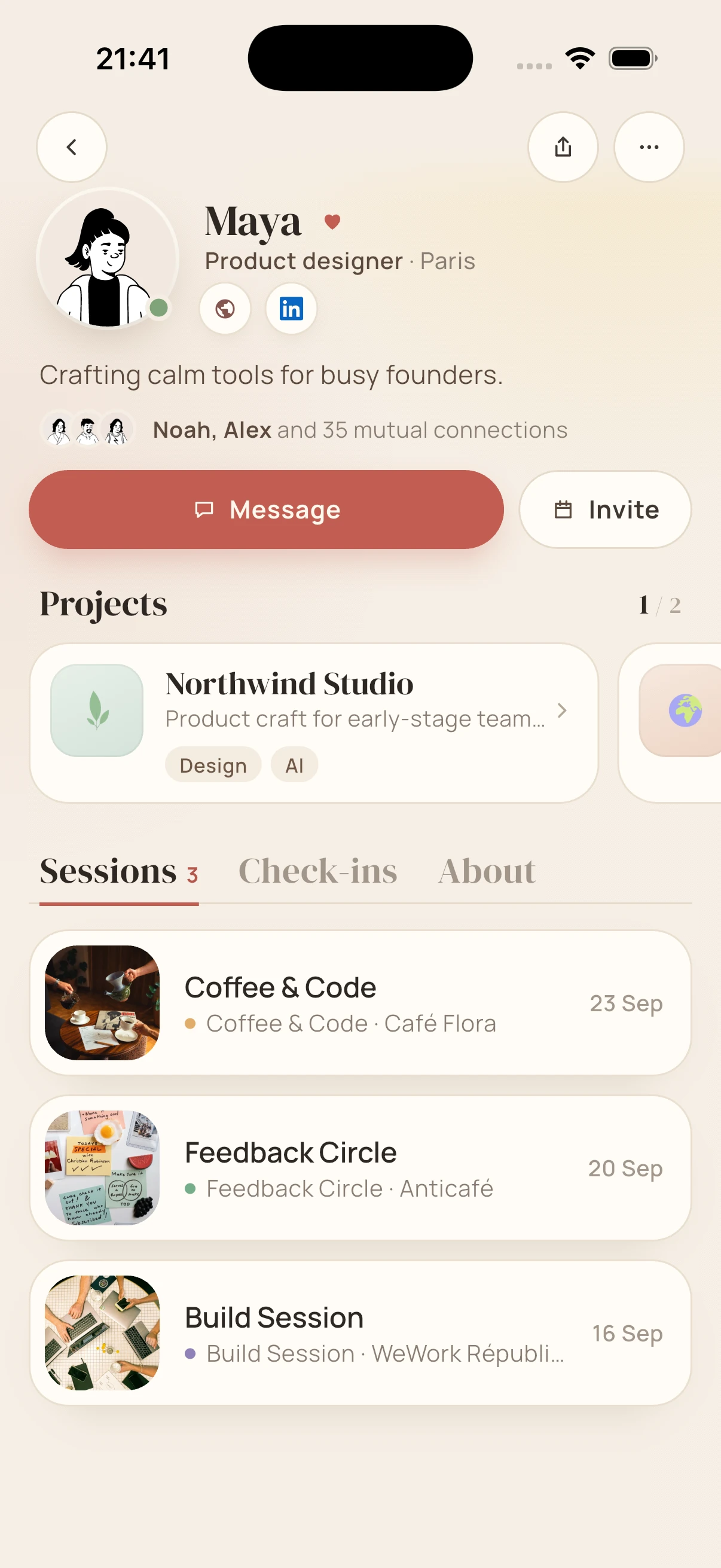 Builder profile for Maya, product designer in Paris, with her studio and hosted sessions