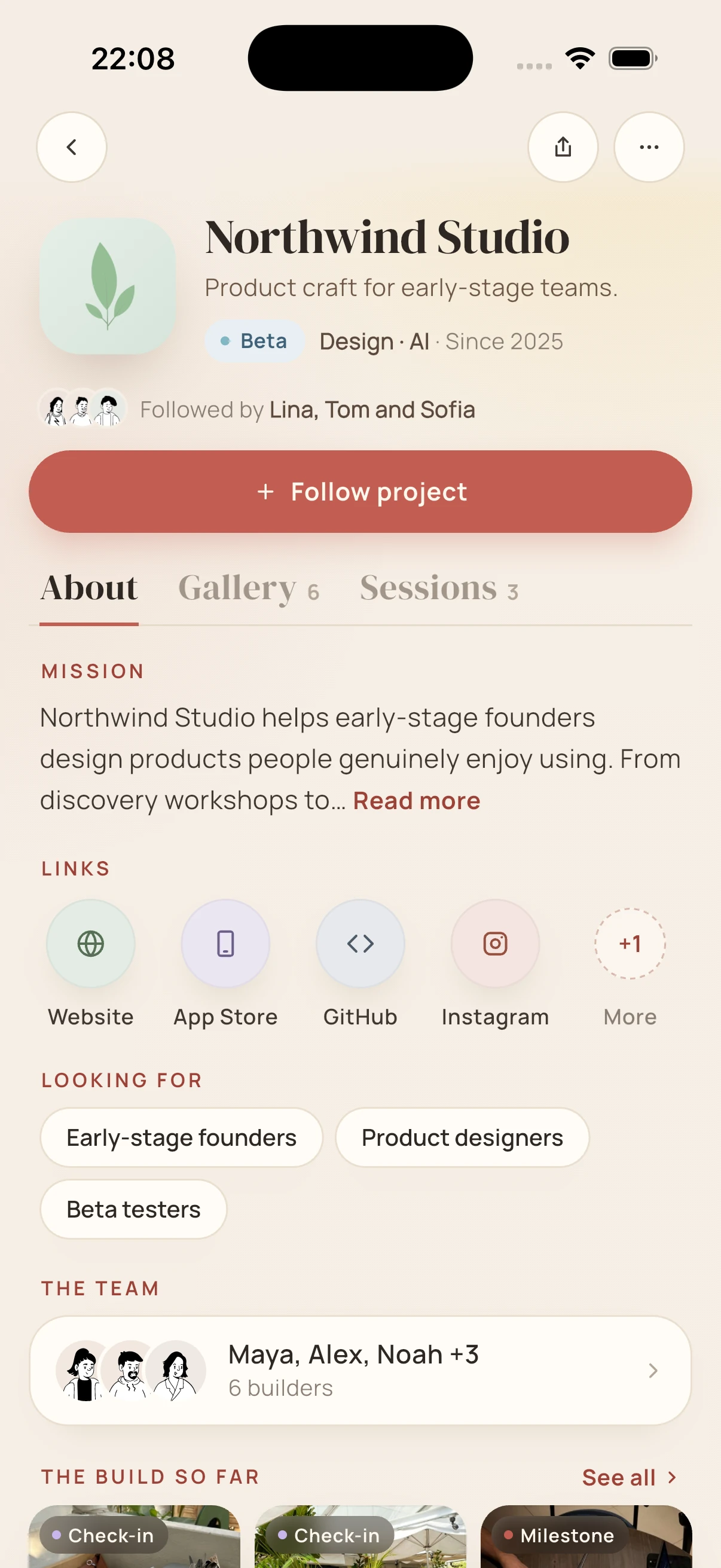 Northwind Studio project page with mission, Looking for and explore links