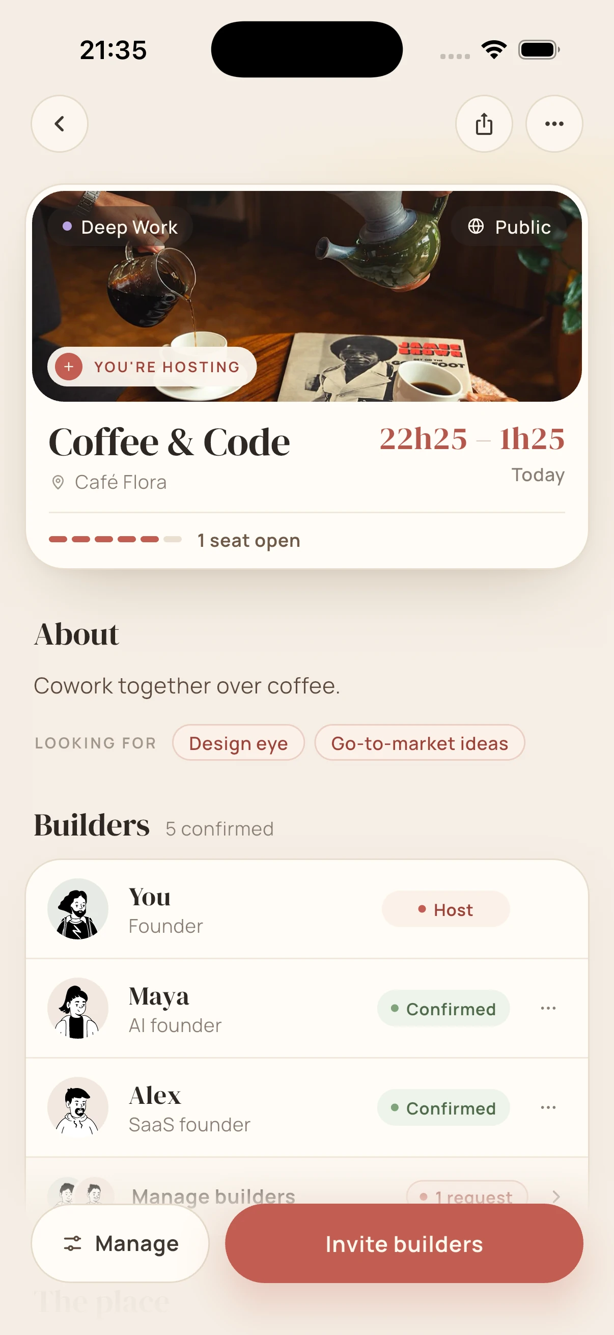 Coffee & Code session detail with host, time, place, builders and seat availability