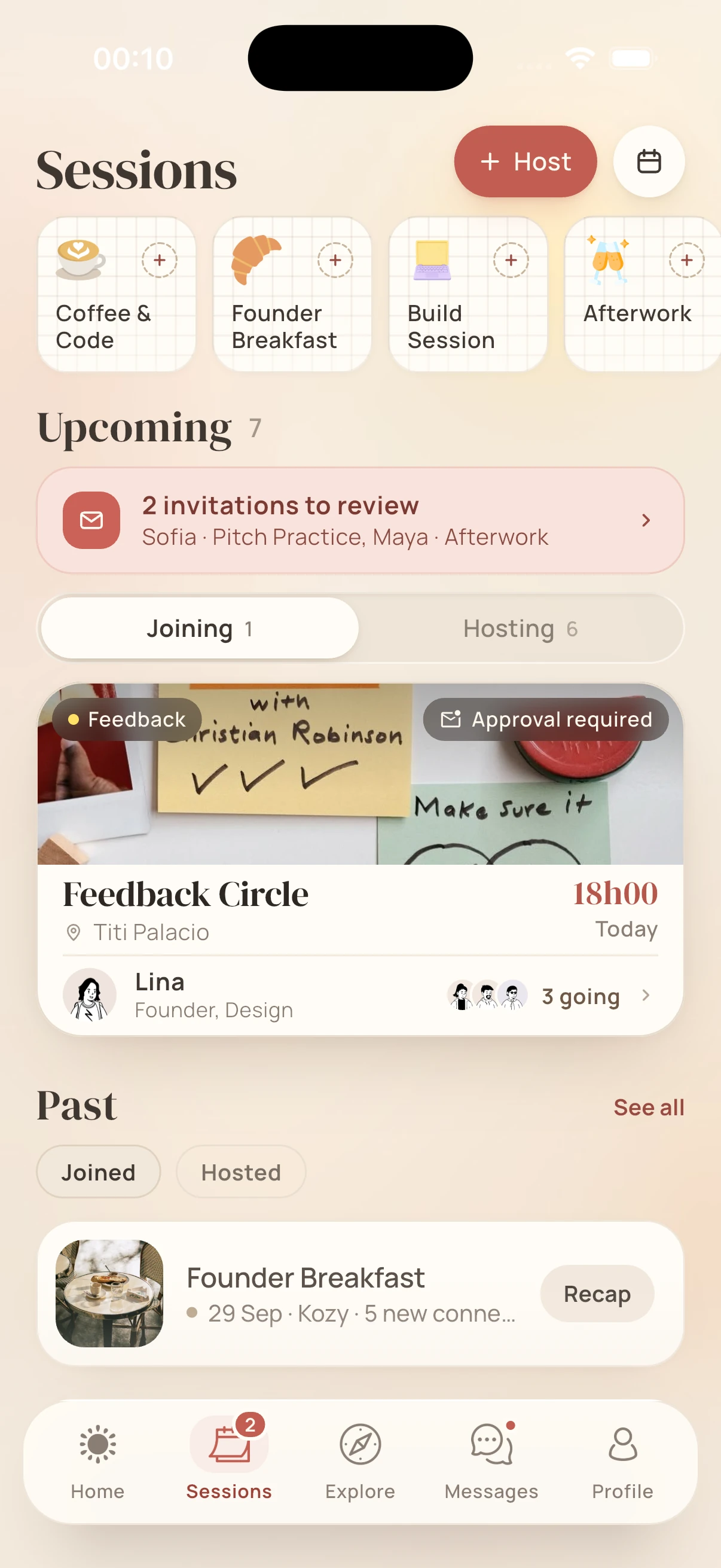 Sessions screen with session types, upcoming invitations and joined sessions